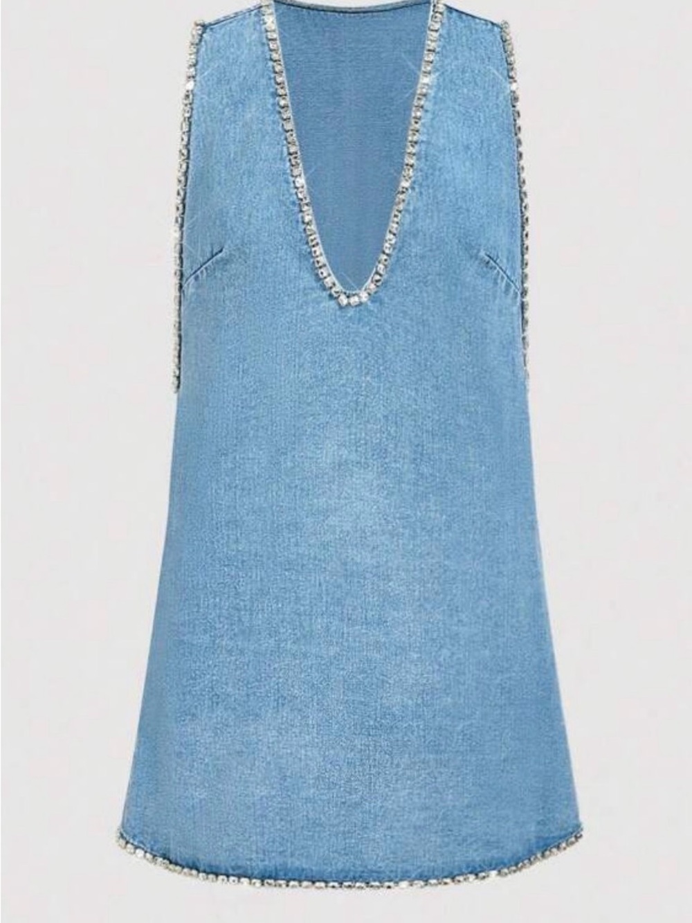 Light Blue Denim Mini Dress with Rhinestone Trim